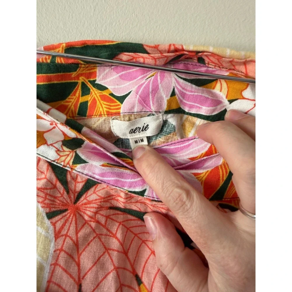 Aerie Wrap Mini Skirt Medium Orange Pink Tropical Floral Ruffle‎ Hem Tie Waist